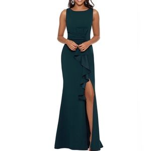 NWT - Ruffle Bow Trumpet Gown - Betsy & Adam - Color Pine - Size 6